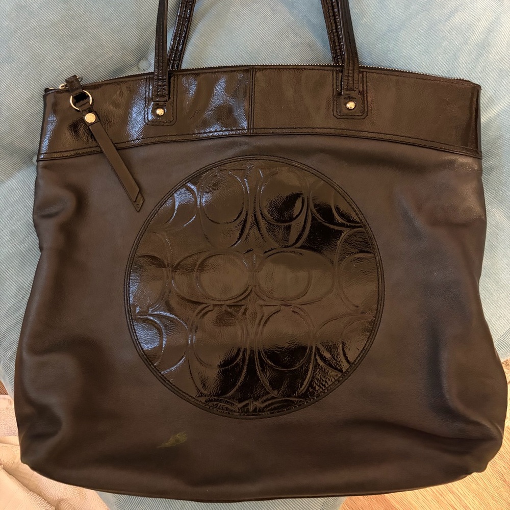 Coach Y2K Patent Leather Black Designer Tote Bag Purse w/ Purple Silk Lining